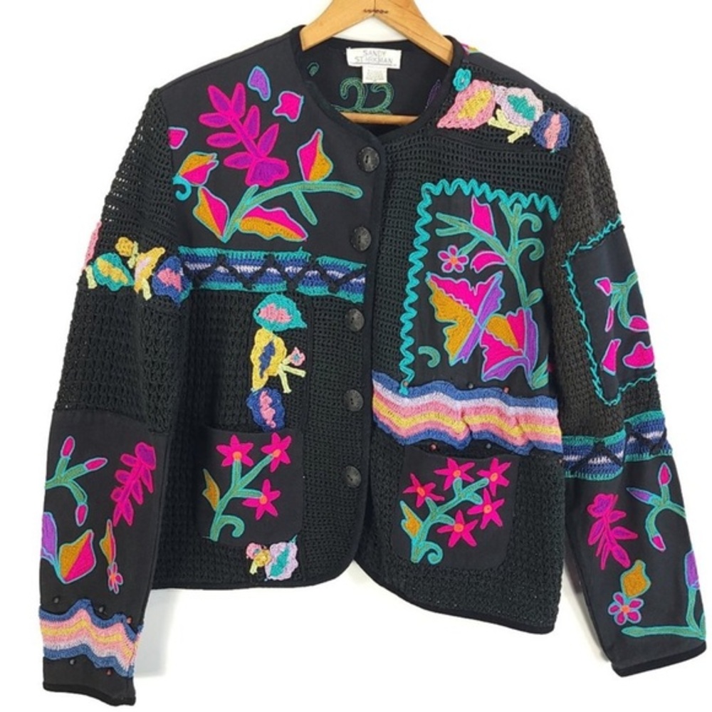 Sandy Starkman Colorful Embroidered Black Cardigan